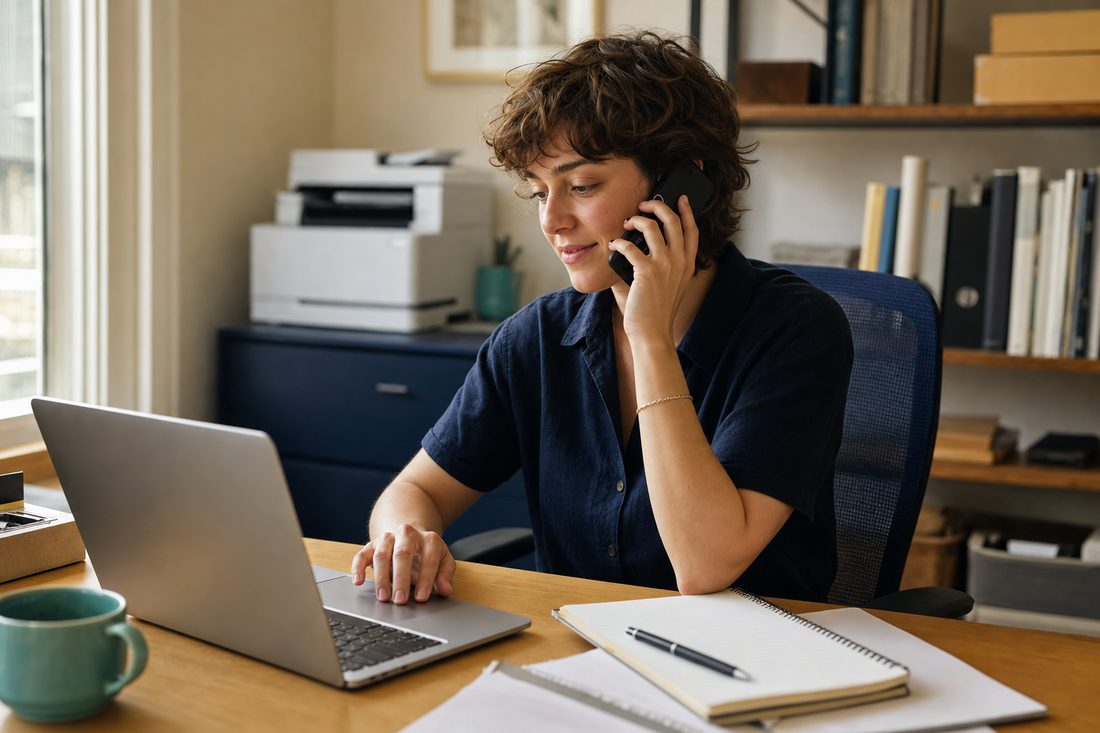A small-office customer on the phone with a technician while working at a laptop, with a printer in the background.